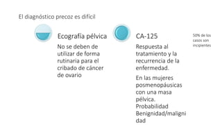 El diagnóstico precoz es difícil
No se deben de
utilizar de forma
rutinaria para el
cribado de cáncer
de ovario
Ecografía pélvica
Respuesta al
tratamiento y la
recurrencia de la
enfermedad.
En las mujeres
posmenopáusicas
con una masa
pélvica.
Probabilidad
Benignidad/maligni
dad
CA-125 50% de los
casos son
incipientes
 