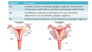 Estadio III Descripción
IIIA Limitado a la pelvis verdadera, ganglios negativos, diseminación
microscópica confirmada a superficies peritoneales abdominales.
IIIB Uni/bilateral, implantes confirmados en la sup. Peritoneal
abdominal <2 cm de diámetro, ganglios negativos
IIIC Implantes abdominales de 2 cm de diámetro y/o ganglios negativos
 