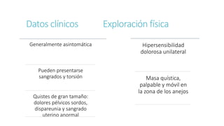 Datos clínicos Exploración física
Generalmente asintomática
Pueden presentarse
sangrados y torsión
Quistes de gran tamaño:
dolores pélvicos sordos,
dispareunia y sangrado
uterino anormal
Hipersensibilidad
dolorosa unilateral
Masa quística,
palpable y móvil en
la zona de los anejos
 