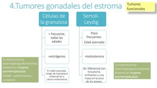 4.Tumores gonadales del estroma
Células de
la granulosa
+ frecuente,
todas las
edades
+estrógenos
En edad avanzada,
riesgo de hiperplasia
endometrial o
cáncer endometrial
Sertoli-
Leydig
Poco
frecuentes.
Edad avanzada
+testosterona
Dx. Diferencial con
hirsutismo,
virilizarían y una
masa en la zona
de los anexos.
Tumores
funcionales
Tx.histerectomía
total+salpingooforectomia
bilateral en mujeres
posmenopáusicas
Joven- ooforectomia
unilateral
Tx.histerectomía
total+salpingooforectomia
bilateral en mujeres
posmenopáusicas
 