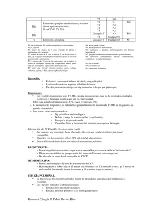 T3                  N0
                                                                           T3                  N1             M0
                 Extensión a ganglios mediastínicos y vecinos.
                                                                           T1                  N2
     IIIa        (hasta aquí son resecables).
                                                                           T2                  N2
                 Si es CCNP, SV 23%.
                                                                           T3                  N2
                                                                       Cualquier T             N3             M0
     IIIb
                                                                           T4              Cualquier N
     IV          Extensión a distancia.                                Cualquier T         Cualquier N        M1

T0: sin evidencia. Tx: células neoplásicas en secreciónes.    Nx: no se puede evaluar.
Tis: Ca in situ.                                              N0: Sin maetástasis demostrables.
T1: tumor de menos de 3 cms, rodeado de pleura o              N1: matástasis a ganglios peribronquiales y/o hiliares
parénquima, sin invasión.                                     homolateral.
T2: tumor de más de 3 cms, a más de 2 cm de la carina; o      N2: ganglios mediastínicos homolaterales y subcarinales.
bien, de cualquier tamaño pero invadiendo pleura o asociado   N3: metástasis contralaterales, hiliares contralaterales,
a neumonitis o atelectasia.                                   escalénicos, o supraclaviculares.
T3: a menos de 2 cms de la carina pero sin invadirla; o
tumor de cualquier tamaño que compromete pleura, pared        Mx: no evaluado.
torácica, diafragma, o pericardio (pero nada más).            M0: sin metástasis
T4: tumor que invade: corazón, grandes vasos, esófago,        M1: metástasis a distanca.
vértebras, carina; o bien, derrame pleural maligno.


Prevención.
                o    Reducir el consumo de tabaco, alcohol y drogas ilegales.
                o    Los fumadores deben suprimir el hábito de fumar.
                o    Para los pacientes en riesgo, no hay sustancias o drogas que prevengan.

Tratamiento:
    • Los posibles tratamientos son: RT, QT, cirugía, inmunoterapia (que no ha mostrados resultados
        positivos), y la terapia genética que aún es experimental.
  − Sobrevida actual con tratamiento es 13%, (hace 35 años era 7%).
  − Al momento del diagnóstico, la enfermedad generalmente está diseminada. El 90% se diagnostica en
    periodo sintomático.
  − Para tratar, es necesario considerar:
                            Dg y clasificación histológica.
                            Definir la etapa de la enfermedad (etapificación).
                            Escoger la terapia adecuada.
                            Capacidad física y funcional del paciente para soportar la terapia.

Información del Dr Pino (Dr Ghyra no opina igual):
    • Los tumores son resecables hasta el estadío IIIa, con una condición clínico-funcional
        compatible.
    • Cumplen con los requisitos sólo el 30% del total de diagnósticos.
    • Desde IIIb en adelante deben ser objeto de tratamiento paliativo.

RADIOTERAPIA:
     − Intención paliativa o curativa, en pacientes inoperables por razones médicas “no tumorales”.
     − Mejoran resecabilidad en preoperatorio del tumor de Pancoast (sulcus superior).
     − De elección en tumor local irresecable de CNCP.
QUIMIOTERAPIA:
     − Junto a radioterapia es la base del tratamiento de CCP.
     − Han mejorado la sobrevida en 15 meses en enfermos con Ca limitado a tórax, y 7 meses en
       enfermedad diseminada. (antes 8 semanas y 16 semanas respectivamente).

CIRUGÍA PULMONAR.
   • La mayoría de los pacientes operados muere en el mediano-largo plazo por metástasis o
      recidivas.
   • Los mejores relutados se obtienen cuando:
           o Erradica todo el cáncer localizado.
           o Erradica el tumor primitivo y las mmtt ganglionares.


Resumen Cirugía II, Pablo Merino Ríos
 