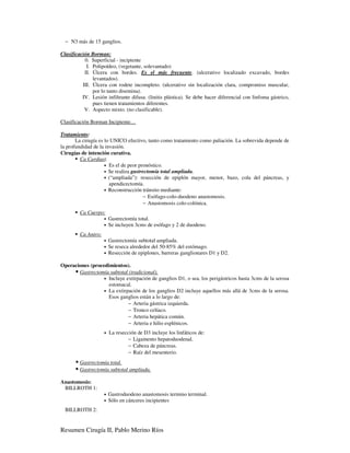 − N3 más de 15 ganglios.

Clasificación Borman:
           0. Superficial - incipiente
            I. Polipoídeo, (vegetante, solevantado)
           II. Úlcera con bordes. Es el más frecuente. (ulcerativo localizado excavado, bordes
               levantados).
          III. Úlcera con rodete incompleto. (ulcerativo sin localización clara, compromiso muscular,
               por lo tanto disemina).
          IV. Lesión infiltrante difusa. (linitis plástica). Se debe hacer diferencial con linfoma gástrico,
               pues tienen tratamientos diferentes.
           V. Aspecto mixto. (no clasificable).

Clasificación Borman Incipiente…

Tratamiento:
       La cirugía es lo UNICO efectivo, tanto como tratamiento como paliación. La sobrevida depende de
la profundidad de la invasión.
Cirugías de intención curativa.
         Ca Cardias:
                     • Es el de peor pronóstico.
                     • Se realiza gastrectomía total ampliada.
                     • (“ampliada”): resección de epiplón mayor, menor, bazo, cola del páncreas, y
                       apendicectomía.
                     • Reconstrucción tránsito mediante:
                                       − Esófago-colo-duodeno anastomosis.
                                       − Anastomosis colo-colónica.
         Ca Cuerpo:
                     •   Gastrectomía total.
                     •   Se incluyen 3cms de esófago y 2 de duodeno.
         Ca Antro:
                     •   Gastrectomía subtotal ampliada.
                     •   Se reseca alrededor del 50-85% del estómago.
                     •   Resección de epiplones, barreras ganglionares D1 y D2.

Operaciones (procedimientos).
       Gastrectomía subtotal (tradicional).
                  • Incluye extirpación de ganglios D1, o sea, los perigástricos hasta 3cms de la serosa
                    estomacal.
                  • La extirpación de los ganglios D2 incluye aquellos más allá de 3cms de la serosa.
                    Esos ganglios están a lo largo de:
                             − Arteria gástrica izquierda.
                             − Tronco celíaco.
                             − Arteria hepática común.
                             − Arteria e hilio esplénicos.
                     •   La resección de D3 incluye los linfáticos de:
                                  − Ligamento hepatoduodenal.
                                  − Cabeza de páncreas.
                                  − Raíz del mesenterio.
         Gastrectomía total.
         Gastrectomía subtotal ampliada.

Anastomosis:
 BILLROTH 1:
                     •   Gastroduodeno anastomosis termino terminal.
                     •   Sólo en cánceres incipientes
  BILLROTH 2:


Resumen Cirugía II, Pablo Merino Ríos
 
