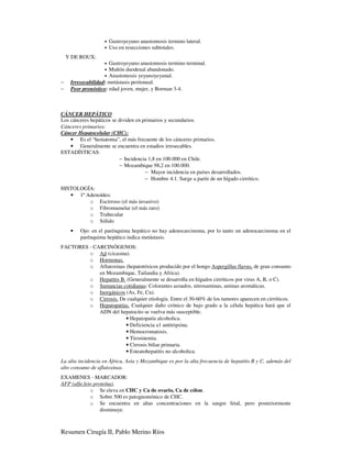 •   Gastroyeyuno anastomosis termino lateral.
                   •   Uso en resecciones subtotales.
    Y DE ROUX:
                   •  Gastroyeyuno anastomosis termino terminal.
                   •  Muñón duodenal abandonado.
                   •  Anastomosis yeyunoyeyunal.
−    Irresecabilidad: metástasis peritoneal.
−    Peor pronóstico: edad joven, mujer, y Borman 3-4.



CÁNCER HEPÁTICO
Los cánceres hepáticos se dividen en primarios y secundarios.
Cánceres primarios:
Cáncer Hepatocelular (CHC):
    • Es el “hematoma”, el más frecuente de los cánceres primarios.
    • Generalmente se encuentra en estadios irresecables.
ESTADÍSTICAS:
                          − Incidencia 1,8 en 100.000 en Chile.
                          − Mozambique 98,2 en 100.000.
                                      − Mayor incidencia en países desarrollados.
                                      − Hombre 4:1. Surge a partir de un hígado cirrótico.
HISTOLOGÍA:
   • 1º Adenoídeo.
         o Escirroso (el más invasivo)
         o Fibromamelar (el más raro)
         o Trabecular
         o Sólido
     •   Ojo: en el parénquima hepático no hay adenocarcinoma, por lo tanto un adenocarcinoma en el
         parénquima hepático indica metástasis.
FACTORES - CARCINÓGENOS:
         o Ají (cicasina).
         o Hormonas.
         o Aflatoxinas (hepatotóxicos producido por el hongo Aspergillus flavus, de gran consumo
             en Mozambique, Tailandia y Africa).
         o Hepatitis B. (Generalmente se desarrolla en hígados cirróticos por virus A, B, o C).
         o Sustancias cotidianas: Colorantes azoados, nitrosaminas, aminas aromáticas.
         o Inorgánicos (As, Fe, Cu).
         o Cirrosis. De cualquier etiología. Entre el 30-60% de los tumores aparecen en cirróticos.
         o Hepatopatías. Cualquier daño crónico de bajo grado a la célula hepática hará que el
             ADN del hepatocito se vuelva más susceptible.
                        • Hepatopatía alcoholica.
                        • Deficiencia a1 antitripsina.
                        • Hemocromatosis.
                        • Tirosinemia.
                        • Cirrosis biliar primaria.
                        • Esteatohepatitis no alcoholica.
La alta incidencia en África, Asia y Mozambique es por la alta frecuencia de hepatitis B y C, además del
alto consumo de aflatoxinas.
EXAMENES - MARCADOR:
AFP (alfa feto proteína).
             o Se eleva en CHC y Ca de ovario, Ca de cólon.
             o Sobre 500 es patognomónico de CHC.
             o Se encuentra en altas concentraciones en la sangre fetal, pero posteriormente
                  disminuye.



Resumen Cirugía II, Pablo Merino Ríos
 