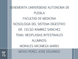 BENEMERITA UNIVERSIDAD AUTONOMA DE
PUEBLA
FACULTAD DE MEDICINA
NOSOLOGIA DEL SISTEMA DIGESTIVO
DR. CELSO RAMIREZ SANCHEZ
TEMA: NEOPLASIAS INTESTINALES
ALUMNOS:
MORALES ARCINIEGA MARIO
MOXO PEREZ JOSE EDUARDO
 