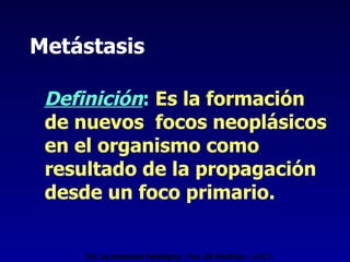 Metástasis Definición :  Es la formación de nuevos  focos neoplásicos en el organismo como resultado de la propagación desde un foco primario. Cát. de Anatomía Patológica - Fac. de Medicina - U.N.T. 