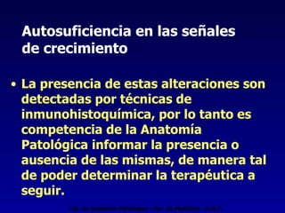 Autosuficiencia en las señales  de crecimiento La presencia de estas alteraciones son detectadas por técnicas de inmunohistoquímica, por lo tanto es competencia de la Anatomía Patológica informar la presencia o ausencia de las mismas, de manera tal de poder determinar la terapéutica a seguir. Cát. de Anatomía Patológica - Fac. de Medicina - U.N.T. 