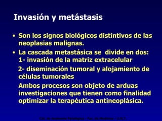 Invasión y metástasis Son los signos biológicos distintivos de las neoplasias malignas. La cascada metastásica se  divide en dos: 1- invasión de la matriz extracelular 2- diseminación tumoral y alojamiento de células tumorales Ambos procesos son objeto de arduas investigaciones que tienen como finalidad optimizar la terapéutica antineoplásica. Cát. de Anatomía Patológica - Fac. de Medicina - U.N.T. 