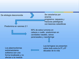 De etiología desconocida                     Se caracteriza por
                                             anemia
                                             progresiva, caquexia y
                                             fracturas patológicas
                                             con lesiones osteoliticas
    Predomina en varones 2:1
                               90% de estos tumores en
                               cabeza o cuello predominan en
                               cavidades nasales, senos
                               paranasales y nasofaringe



                                           Loa laríngeos se presentan
    Los plasmocitomas                      sobre todo entre la 5ª y 6ª
    extramedulares                         décadas de la vida
    solitarios son una
    forma localizada y no
    afectan a la medula
 