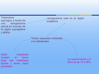 Tratamiento                           Laringectomia total en la región
quirúrgico a través de                subglótica
una       laringectomia
parcial en tumores de
la región supraglotica
y glótica

                          Tienen respuesta moderada
                          a la radioterapia




Estas        neoplasias
invaden    en    forma
                                                       La supervivencia a 5
local, dan metástasis
                                                       años es de 75 a 85%
tardías y tienen mejor
pronostico
 