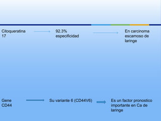 Citoqueratina      92.3%                        En carcinoma
17                 especificidad                escamoso de
                                                laringe




Gene            Su variante 6 (CD44V6)   Es un factor pronostico
CD44                                     importante en Ca de
                                         laringe
 