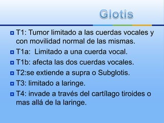  T1: Tumor limitado a las cuerdas vocales y
  con movilidad normal de las mismas.
 T1a: Limitado a una cuerda vocal.

 T1b: afecta las dos cuerdas vocales.

 T2:se extiende a supra o Subglotis.

 T3: limitado a laringe.

 T4: invade a través del cartílago tiroides o
  mas allá de la laringe.
 