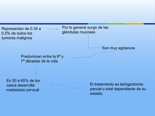 Representan de 0.35 a            Por lo general surge de las
0.5% de todos los                glándulas mucosas
tumores malignos

                                                        Son muy agresivos

          Predominan entre la 6ª y
          7ª décadas de la vida




  En 50 a 60% de los
  casos desarrolla                               El tratamiento es laringectomia
  metástasis cervical                            parcial o total dependiente de su
                                                 estadio
 