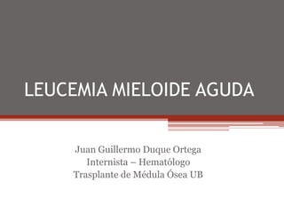 LEUCEMIA MIELOIDE AGUDA
Juan Guillermo Duque Ortega
Internista – Hematólogo
Trasplante de Médula Ósea UB
 
