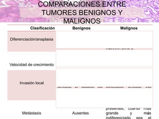 COMPARACIONES ENTRE
TUMORES BENIGNOS Y
MALIGNOS
50
Clasificación Benignos Malignos
Diferenciación/anaplasia
Bien diferenciados;
estructura en ocasiones
típica del tejido de origen
Cierta falta de
diferenciación con
anaplasia; estructura a
menudo atípica
Velocidad de crecimiento
Generalmente progresiva
y lenta; pueden llegar a
estabilizarse o regresar.
Errática, puede ser
desde lenta hasta rápida.
Invasión local
Generalmente masas
expansivas, cohesivas,
bien delimitadas, que no
invaden ni infiltran los
tejidos normales
circundantes
Localmente invasivos,
infiltrando el tejido
circundante; en
ocasiones pueden ser
aparentemente
cohesivos y expansivos
Metástasis Ausentes
Frecuentemente
presentes; cuanto más
grande y más
 