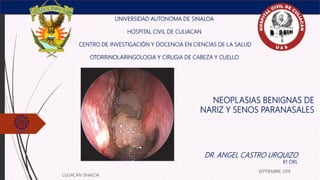 NEOPLASIAS BENIGNAS DE
NARIZ Y SENOS PARANASALES
UNIVERSIDAD AUTONOMA DE SINALOA
HOSPITAL CIVIL DE CULIACAN
CENTRO DE INVESTIGACIÓN Y DOCENCIA EN CIENCIAS DE LA SALUD
OTORRINOLARINGOLOGIA Y CIRUGIA DE CABEZA Y CUELLO
DR. ANGEL CASTRO URQUIZO
R1 ORL
CULIACAN SINALOA
SEPTIEMBRE 2016
 