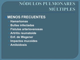  MENOS

FRECUENTES

• Hamartomas
• Bullas infectadas
• Fístulas arteriovenosas

• Artritis reumatoide
• Enf. de Wegener
• Impactos mucoides
• Amiloidosis

 