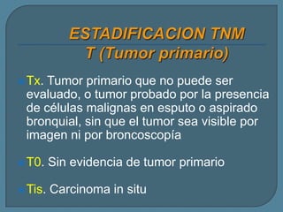  Tx.

Tumor primario que no puede ser
evaluado, o tumor probado por la presencia
de células malignas en esputo o aspirado
bronquial, sin que el tumor sea visible por
imagen ni por broncoscopía

 T0.

Sin evidencia de tumor primario

 Tis.

Carcinoma in situ

 