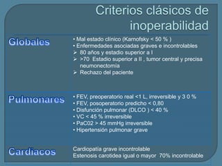 • Mal estado clínico (Karnofsky < 50 % )
• Enfermedades asociadas graves e incontrolables
 80 años y estadio superior a I
 >70 Estadio superior a II , tumor central y precisa
neumonectomía
 Rechazo del paciente

• FEV, preoperatorio real <1 L, irreversible y 3 0 %
• FEV, posoperatorio predicho < 0,80
• Disfunción pulmonar (DLCO ) < 40 %
• VC < 45 % irreversible
• PaC02 > 45 mmHg irreversible
• Hipertensión pulmonar grave

Cardiopatía grave incontrolable
Estenosis carotidea igual o mayor 70% incontrolable

 