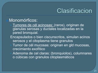  Monomórficos:
• Tumores de cél acinosas: (raros), originan de

glanulas serosas y ductales localizadas en la
pared bronquial.
Encapsulados o bien ciscunscritos, simulan acinos
serosos y el citoplasma tiene granulos
• Tumor de cél mucosas: originan en gld mucosas,
crecimiento exofítico
• Adenoma de cel claras: (bronquiolos), columnares
o cúbicas con granulos citoplasmáticos

21

 