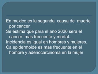 En mexico es la segunda causa de muerte
por cancer.
Se estima que para el año 2020 sera el
cancer mas frecuente y mortal.
Incidencia es igual en hombres y mujeres.
Ca epidermoide es mas frecuente en el
hombre y adenocarcinoma en la mujer

 