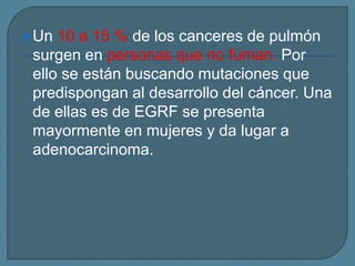  Un

10 a 15 % de los canceres de pulmón
surgen en personas que no fuman. Por
ello se están buscando mutaciones que
predispongan al desarrollo del cáncer. Una
de ellas es de EGRF se presenta
mayormente en mujeres y da lugar a
adenocarcinoma.

 
