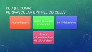 PEC (PECOMA)
PERIVASCULAR EPITHELIOD CELLS
Angiomilipoma
Tumor de células
azucaradas
Linfanleiomioma
Tumor
miomelanocítico
de células claras
 