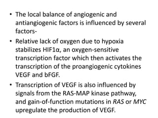 • The local balance of angiogenic and
antiangiogenic factors is influenced by several
factors-
• Relative lack of oxygen due to hypoxia
stabilizes HIF1α, an oxygen-sensitive
transcription factor which then activates the
transcription of the proangiogenic cytokines
VEGF and bFGF.
• Transcription of VEGF is also influenced by
signals from the RAS-MAP kinase pathway,
and gain-of-function mutations in RAS or MYC
upregulate the production of VEGF.
 