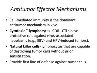 Antitumor Effector Mechanisms
• Cell-mediated immunity is the dominant
antitumor mechanism in vivo.
• Cytotoxic T lymphocytes- CD8+ CTLs have
protective role against virus-associated
neoplasms (e.g., EBV- and HPV-induced tumors).
• Natural killer cells- lymphocytes that are capable
of destroying tumor cells without prior
sensitization.
• Provide first line of defense against tumor cells.
 