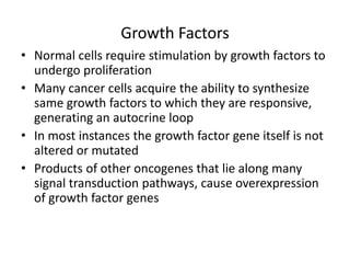 Growth Factors
• Normal cells require stimulation by growth factors to
undergo proliferation
• Many cancer cells acquire the ability to synthesize
same growth factors to which they are responsive,
generating an autocrine loop
• In most instances the growth factor gene itself is not
altered or mutated
• Products of other oncogenes that lie along many
signal transduction pathways, cause overexpression
of growth factor genes
 