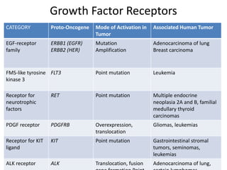 Growth Factor Receptors
CATEGORY Proto-Oncogene Mode of Activation in
Tumor
Associated Human Tumor
EGF-receptor
family
ERBB1 (EGFR)
ERBB2 (HER)
Mutation
Amplification
Adenocarcinoma of lung
Breast carcinoma
FMS-like tyrosine
kinase 3
FLT3 Point mutation Leukemia
Receptor for
neurotrophic
factors
RET Point mutation Multiple endocrine
neoplasia 2A and B, familial
medullary thyroid
carcinomas
PDGF receptor PDGFRB Overexpression,
translocation
Gliomas, leukemias
Receptor for KIT
ligand
KIT Point mutation Gastrointestinal stromal
tumors, seminomas,
leukemias
ALK receptor ALK Translocation, fusion Adenocarcinoma of lung,
 