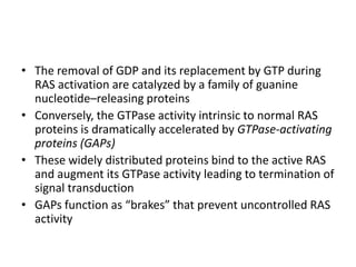 • The removal of GDP and its replacement by GTP during
RAS activation are catalyzed by a family of guanine
nucleotide–releasing proteins
• Conversely, the GTPase activity intrinsic to normal RAS
proteins is dramatically accelerated by GTPase-activating
proteins (GAPs)
• These widely distributed proteins bind to the active RAS
and augment its GTPase activity leading to termination of
signal transduction
• GAPs function as “brakes” that prevent uncontrolled RAS
activity
 