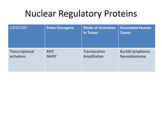 Nuclear Regulatory Proteins
CATEGORY Proto-Oncogene Mode of Activation
in Tumor
Associated Human
Tumor
Transcriptional
activators
MYC
NMYC
Translocation
Amplifiation
Burkitt lymphoma
Neuroblastoma
 