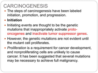 CARCINOGENESIS
 The steps of carcinogenesis have been labeled
initiation, promotion, and progression.
 Initiation
 Initiating events are thought to be the genetic
mutations that inappropriately activate proto-
oncogenes and inactivate tumor suppressor genes.
 However, the genetic mutations are not evident until
the mutant cell proliferates.
 Proliferation is a requirement for cancer development,
and nonproliferating cells are unlikely to cause
cancer. It has been suggested that several mutations
may be necessary to achieve full malignancy.
 