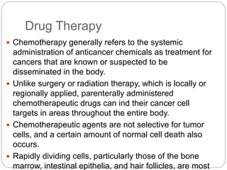 Drug Therapy
 Chemotherapy generally refers to the systemic
administration of anticancer chemicals as treatment for
cancers that are known or suspected to be
disseminated in the body.
 Unlike surgery or radiation therapy, which is locally or
regionally applied, parenterally administered
chemotherapeutic drugs can ind their cancer cell
targets in areas throughout the entire body.
 Chemotherapeutic agents are not selective for tumor
cells, and a certain amount of normal cell death also
occurs.
 Rapidly dividing cells, particularly those of the bone
marrow, intestinal epithelia, and hair follicles, are most
 