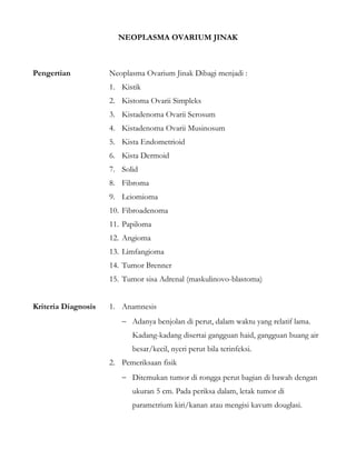 NEOPLASMA OVARIUM JINAK
Pengertian Neoplasma Ovarium Jinak Dibagi menjadi :
1. Kistik
2. Kistoma Ovarii Simpleks
3. Kistadenoma Ovarii Serosum
4. Kistadenoma Ovarii Musinosum
5. Kista Endometrioid
6. Kista Dermoid
7. Solid
8. Fibroma
9. Leiomioma
10. Fibroadenoma
11. Papiloma
12. Angioma
13. Limfangioma
14. Tumor Brenner
15. Tumor sisa Adrenal (maskulinovo-blastoma)
Kriteria Diagnosis 1. Anamnesis
− Adanya benjolan di perut, dalam waktu yang relatif lama.
Kadang-kadang disertai gangguan haid, gangguan buang air
besar/kecil, nyeri perut bila terinfeksi.
2. Pemeriksaan fisik
− Ditemukan tumor di rongga perut bagian di bawah dengan
ukuran 5 cm. Pada periksa dalam, letak tumor di
parametrium kiri/kanan atau mengisi kavum douglasi.
 