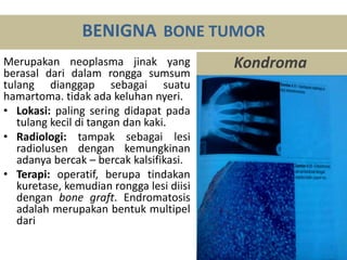 Merupakan neoplasma jinak yang
berasal dari dalam rongga sumsum
tulang dianggap sebagai suatu
hamartoma. tidak ada keluhan nyeri.
• Lokasi: paling sering didapat pada
tulang kecil di tangan dan kaki.
• Radiologi: tampak sebagai lesi
radiolusen dengan kemungkinan
adanya bercak – bercak kalsifikasi.
• Terapi: operatif, berupa tindakan
kuretase, kemudian rongga lesi diisi
dengan bone graft. Endromatosis
adalah merupakan bentuk multipel
dari
BENIGNA BONE TUMOR
Kondroma
 