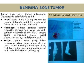 Tumor jinak yang jarang ditemukan.
Didapatpada usia dekade ke 2-3.
• Lokasi: pada tulang – tulang ekstremitas
bawah di daerah metafisis, terutama di
femur distal dan tibia proksimal.
• Radiologi: tampak sebagai daerah
osteolitik dengan tepi yang sklerotik,
terletak eksentrik di metafisis, korteks
sering mengalami erosi. Dapat
ditemukan adanya reaksi periosteal.
• Terapi: operasi kuret yang diikuti
dengan pengisian bone graft, dengan
cara ini rekurensinya mencapai 25%,
oleh karena itu ada yang menganjurkan
lebih baik dilakukan eksisi lengkap.
BENIGNA BONE TUMOR
Kondromiksoid Fibroma
 