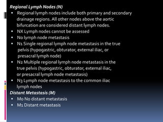 Regional Lymph Nodes (N) 
 Regional lymph nodes include both primary and secondary 
drainage regions. All other nodes above the aortic 
bifurcation are considered distant lymph nodes. 
 NX Lymph nodes cannot be assessed 
 No lymph node metastasis 
 N1 Single regional lymph node metastasis in the true 
pelvis (hypogastric, obturator, external iliac, or 
presacral lymph node) 
 N2 Multiple regional lymph node metastasis in the 
true pelvis (hypogastric, obturator, external iliac, 
or presacral lymph node metastasis) 
 N3 Lymph node metastasis to the common iliac 
lymph nodes 
Distant Metastasis (M) 
 M0 No distant metastasis 
 M1 Distant metastasis 
 