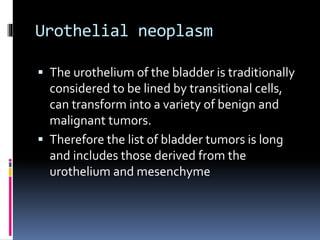 Urothelial neoplasm 
 The urotheliumof the bladder is traditionally 
considered to be lined by transitional cells, 
can transform into a variety of benign and 
malignant tumors. 
 Therefore the list of bladder tumors is long 
and includes those derived from the 
urotheliumand mesenchyme 
 