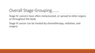 Overall Stage Grouping…….
Stage IV: cancers have often metastasized, or spread to other organs
or throughout the body
Stage IV cancer can be treated by chemotherapy, radiation, and
surgery
 