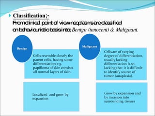 Classification;- From clinical point of view neoplasms are classified on behaviouristic basis into;  Benign (innocent) & Malignant. 