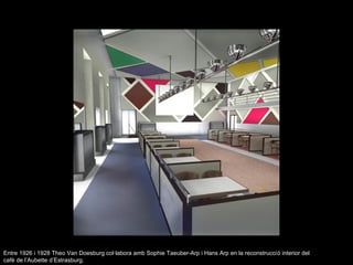 Entre 1926 i 1928 Theo Van Doesburg col·labora amb Sophie Taeuber-Arp i Hans Arp en la reconstrucció interior del
cafè de l’Aubette d’Estrasburg.
 