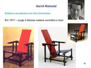 Gerrit Rietveld Estética neo-plástica em três dimensões Em 1917 – surge a famosa cadeira vermelha e Azul. 