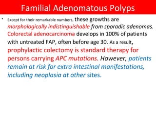 Familial Adenomatous Polyps
•

Except for their remarkable numbers, these

growths are
morphologically indistinguishable from sporadic adenomas.
Colorectal adenocarcinoma develops in 100% of patients
with untreated FAP, often before age 30. As a result,

prophylactic colectomy is standard therapy for
persons carrying APC mutations. However, patients
remain at risk for extra intestinal manifestations,
including neoplasia at other sites.

 