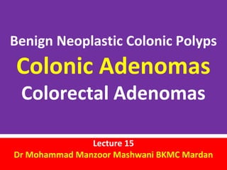 Benign Neoplastic Colonic Polyps

Colonic Adenomas
Colorectal Adenomas

Lecture 15
Dr Mohammad Manzoor Mashwani BKMC Mardan

 