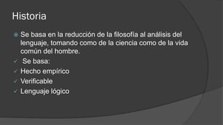 Historia
 Se basa en la reducción de la filosofía al análisis del
lenguaje, tomando como de la ciencia como de la vida
común del hombre.
✓ Se basa:
✓ Hecho empírico
✓ Verificable
✓ Lenguaje lógico
 