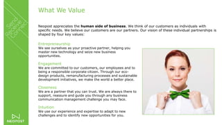 What We Value
Entrepreneurship
We see ourselves as your proactive partner, helping you
master new technology and seize new business
opportunities.
Engagement
We are committed to our customers, our employees and to
being a responsible corporate citizen. Through our eco-
design products, remanufacturing processes and sustainable
development initiatives, we make the world a better place.
Closeness
We are a partner that you can trust. We are always there to
support, reassure and guide you through any business
communication management challenge you may face.
Intuition
We use our experience and expertise to adapt to new
challenges and to identify new opportunities for you.
Neopost appreciates the human side of business. We think of our customers as individuals with
specific needs. We believe our customers are our partners. Our vision of these individual partnerships is
shaped by four key values:
 