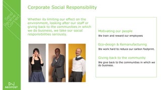 Corporate Social Responsibility
Whether its limiting our effect on the
environment, looking after our staff or
giving back to the communities in which
we do business, we take our social
responsibilities seriously.
Motivating our people
We train and reward our employees
Eco-design & Remanufacturing
We work hard to reduce our carbon footprint.
Giving back to the community
We give back to the communities in which we
do business.
 