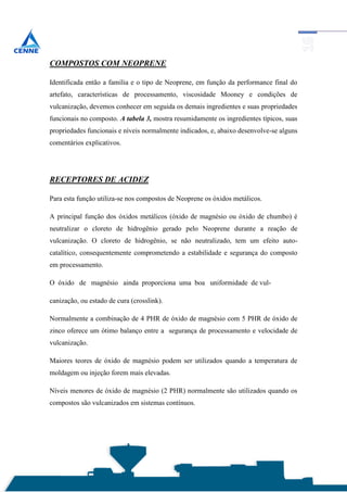 COMPOSTOS COM NEOPRENE

Identificada então a família e o tipo de Neoprene, em função da performance final do
artefato, características de processamento, viscosidade Mooney e condições de
vulcanização, devemos conhecer em seguida os demais ingredientes e suas propriedades
funcionais no composto. A tabela 3, mostra resumidamente os ingredientes típicos, suas
propriedades funcionais e níveis normalmente indicados, e, abaixo desenvolve-se alguns
comentários explicativos.




RECEPTORES DE ACIDEZ

Para esta função utiliza-se nos compostos de Neoprene os óxidos metálicos.

A principal função dos óxidos metálicos (óxido de magnésio ou óxido de chumbo) é
neutralizar o cloreto de hidrogênio gerado pelo Neoprene durante a reação de
vulcanização. O cloreto de hidrogênio, se não neutralizado, tem um efeito auto-
catalítico, consequentemente comprometendo a estabilidade e segurança do composto
em processamento.

O óxido de magnésio ainda proporciona uma boa uniformidade de vul-

canização, ou estado de cura (crosslink).

Normalmente a combinação de 4 PHR de óxido de magnésio com 5 PHR de óxido de
zinco oferece um ótimo balanço entre a segurança de processamento e velocidade de
vulcanização.

Maiores teores de óxido de magnésio podem ser utilizados quando a temperatura de
moldagem ou injeção forem mais elevadas.

Níveis menores de óxido de magnésio (2 PHR) normalmente são utilizados quando os
compostos são vulcanizados em sistemas contínuos.
 