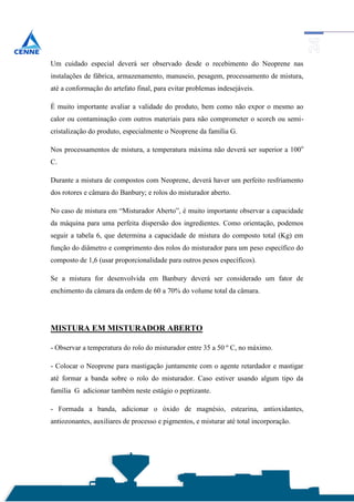 Um cuidado especial deverá ser observado desde o recebimento do Neoprene nas
instalações de fábrica, armazenamento, manuseio, pesagem, processamento de mistura,
até a conformação do artefato final, para evitar problemas indesejáveis.

É muito importante avaliar a validade do produto, bem como não expor o mesmo ao
calor ou contaminação com outros materiais para não comprometer o scorch ou semi-
cristalização do produto, especialmente o Neoprene da família G.

Nos processamentos de mistura, a temperatura máxima não deverá ser superior a 100o
C.

Durante a mistura de compostos com Neoprene, deverá haver um perfeito resfriamento
dos rotores e câmara do Banbury; e rolos do misturador aberto.

No caso de mistura em “Misturador Aberto”, é muito importante observar a capacidade
da máquina para uma perfeita dispersão dos ingredientes. Como orientação, podemos
seguir a tabela 6, que determina a capacidade de mistura do composto total (Kg) em
função do diâmetro e comprimento dos rolos do misturador para um peso específico do
composto de 1,6 (usar proporcionalidade para outros pesos específicos).

Se a mistura for desenvolvida em Banbury deverá ser considerado um fator de
enchimento da câmara da ordem de 60 a 70% do volume total da câmara.




MISTURA EM MISTURADOR ABERTO

- Observar a temperatura do rolo do misturador entre 35 a 50 º C, no máximo.

- Colocar o Neoprene para mastigação juntamente com o agente retardador e mastigar
até formar a banda sobre o rolo do misturador. Caso estiver usando algum tipo da
família G adicionar também neste estágio o peptizante.

- Formada a banda, adicionar o óxido de magnésio, estearina, antioxidantes,
antiozonantes, auxiliares de processo e pigmentos, e misturar até total incorporação.
 